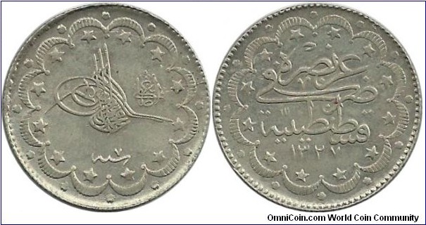 Ottoman 10 Kurus 1327-7(ElGazi) (1916)
