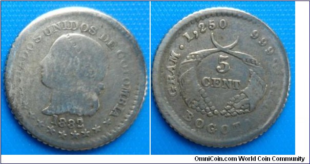 Colombia   5 centimos 1832-Estados Unidos de Colombia-Silver 1,250 grm ley 0.999-9 estrellas- Cuerno-For Sale CAT 259 
