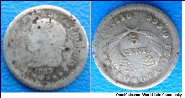 Colombia- Estados Unidos de Colombia 5 cent 1883- Lei 0.666 1.250 g-For Sale-CAT 262 