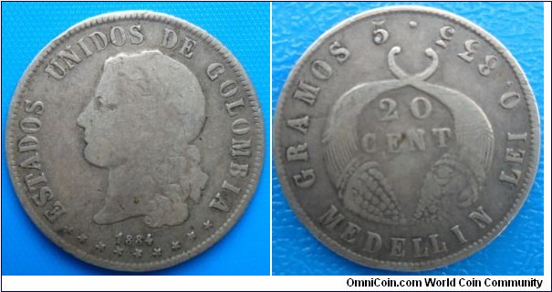 Colombia-Estados Unidos de Colombia 20 Cent- Silver-KM176.3 For Sale 70-CAT 255 SOLD