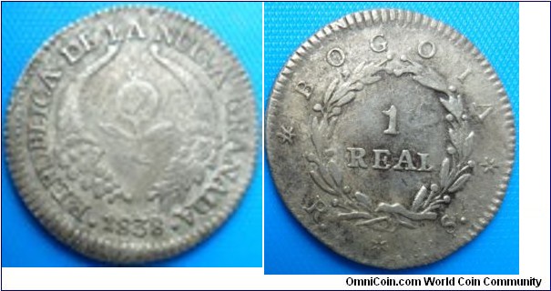 SOLD-Colombia km91.1 1 Real Republica de colombia 1828-Silver Mint: Bogota 20mmm FOR SALE Info: atticdepot@hotmail.com CAT 261