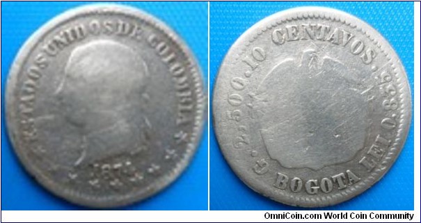 Colombia- 10 centavos 1874-Bogota-Estados Unidos de Colombia-Silver g 2.500 Lei 0.855 KM· 5.1-For sale- Info: atticdepot@hotmail.com-CAT 260 $ 150