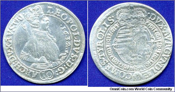 10 kreuzer.
Archduchy of Austria.
County of Tyrol.
Leopold Wilhelm von Österreich (January 5, 1614, Wiener Neustadt, Austria - November 20, 1662, Vienna, Austria) - Austrian archduke, Imperial Marshal (1639), the 46th Grand Master of the Teutonic Order, the commander of the Austrian troops in the Thirty Years' War, also known as Leopold Wilhelm von Habsburg.
Hall mint.


Ag.
