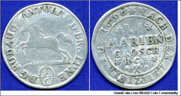 6 marien groschen (1/6 Thaler).
Braunschweig-Wolfenbüttel-Luneburg.
Rudolf August und Anton Ulrich (1685-1704).
*HCH*


Ag.