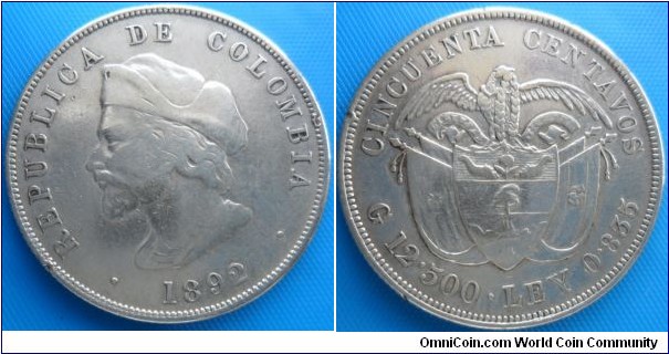 Colombia - Republica de Colombia-50 centavos Ley 0.835-12.500 G-KM- 30,4mm For Sale-CAT 256-SOLD