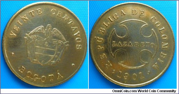 Colombia-20 centavos 1901- Leprosarium Coinage VF-For Sale Scarce-CAT 267 SOLD