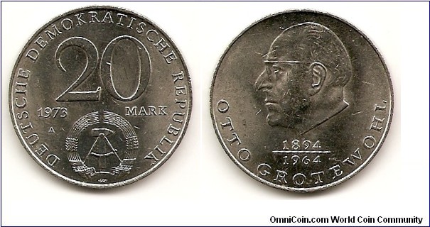 20 Marks from the Democratic German Republic (East Germany), minted as a commemorative coin (also have original case) but also legal tender.  Portrait of Otto Grotewohl.
