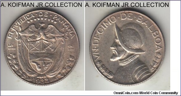 KM-10.1, 1933 Panama 1/10 (decimo) de balboa; silver, reeded edge; scarcer mintage of 100,000 only, some parts of design exhibit weak strike, uncirculated or almost.