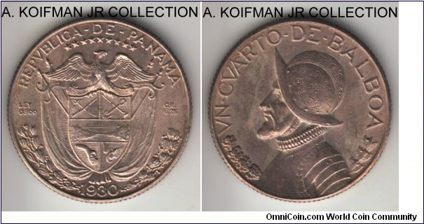 KM-11.1, 1930 Panama quarto (1/4) balboa; silver, reeded edge; first and common year, but very nice toned lustrous uncirculated or almost.
