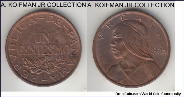 KM-14, 1935 Panama centesimo; bronze, plain edge; small mintage of 200,000, mostly brown mint state, which is scarce.