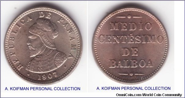 KM-6, 1907 Panama half centesimo; copper-nickel, plain edge; brilliant uncirculated, few usual streaks of spotting 