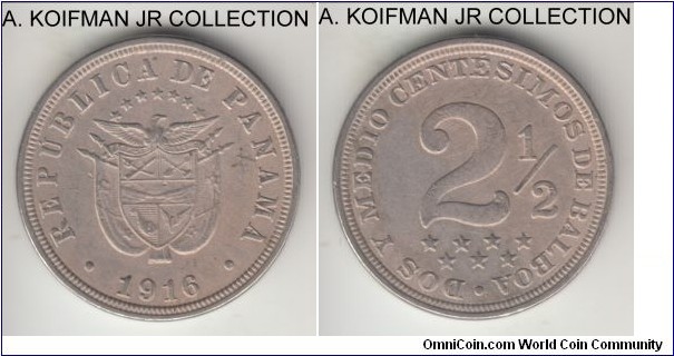 KM-7.2, 1916 Panama 2 1/2 centesimo; copper-nickel, plain edge; scarcer type, extra fine or almost.