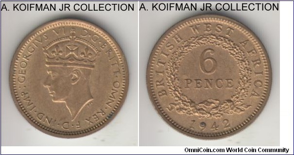 KM-22, 1942 British West Africa 6 pence; nickel-brass, security edge; George VI war time issue, smallest mintage of the type, nice uncirculated or about specimen.