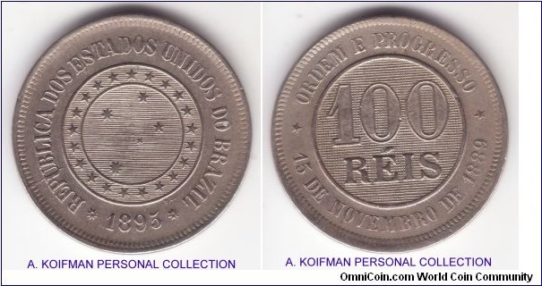 KM-492, 1895 Brazil Republic 100 reis; copper nickel, plain edge; about extra fine