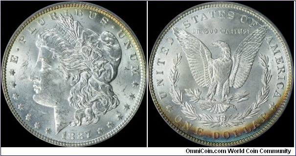 USA $1 1887 PCGS  MS-61 - colorful reverse toning - huge reverse die break between the 2nd 