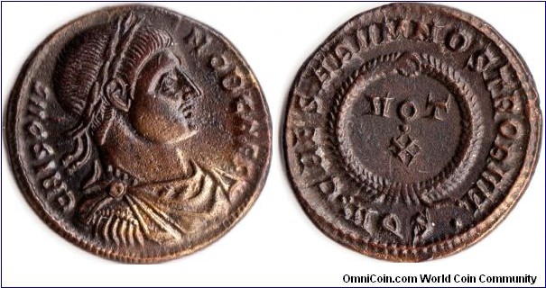 Ae3 of Crispus (317-326ad). Obverse: Crispus Nobil C. Reverse: Caesarum Nostrum - VOT X with .AQS. in exergue. Minted at Aquileia in north east Italy