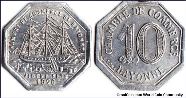 Bayonne 10c (aluminium) emergency coinage minted in 1920 and issued by Bayonne Chambre de Commerce for use in the Bayonne area to facilitate trade