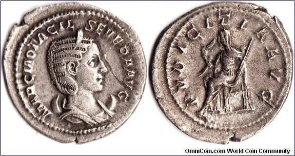 Silver antoninianus of Otacilia Severa, wife of Philip I (The Arab). Reverse `pudicitia'