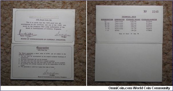 Singapore 1976 proof mint set certificates. Had a return guarantee of 75 dollars in the span of 2 years. Issued on 21 Sep 1976. 