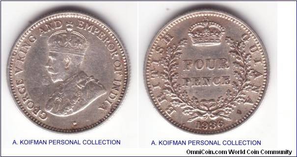 KM-29, 1936 British Guiana 4 pence; silver, reeded edge;  mintage 63,000, good very fine to about extra fine with some luster shiwing through on reverse