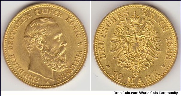 SOLD/his coin's obverse depicts Kaiser Friedrich III.  The A under the bust is the mintmark for the Berlin mint.  The German legend says FRIEDRICH DEUTSCHER KAISER KONIG V. PREUSSEN (Frederick German Kaiser King of Prussia).  The reverse pictures the German imperial coat of arms with DEUTSCHES REICH (German Empire) and the date 1888 on the sides.  The bottom shows the denomination 10 MARK.
Composition-900Au (mint.876000) 3,96g.Diameter19,8 mm