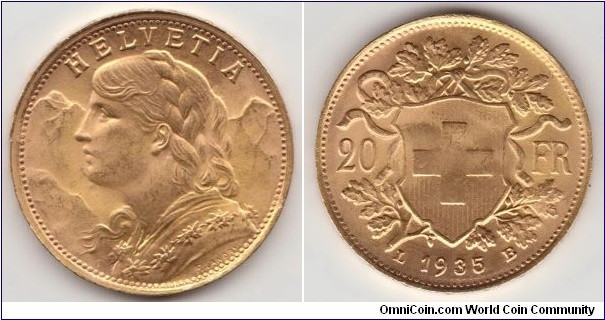This is the second type of 20 Swiss Francs known as 