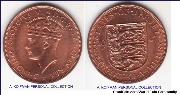 KM-18, 1947 Jersey 1/12 of a shilling; bronze, plain edge; red brilliant uncirculated.