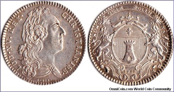 silver jeton issued for bayonne Chambre de Commerce in 1738. Reverse shows town's coat of arms