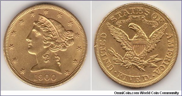 First introduced in 1839 the $5 Half Eagle, also know as the Liberty Head Half Eagle or Coronet Half Eagle, enjoyed an uninterrupted run of 70 years before being replaced in 1907. It also is the only coin to have been minted at 7 US Mints (Philadelphia, Dahlonega, Charlotte, New Orleans, San Francisco, Carson City, and Denver).

The obverse depicts Lady Liberty facing left wearing a coronet with the word LIBERTY inscribed on it. On the reverse is the John Reich Eagle with shield with the wings enlarged to reach across the coin. Mint marks are located beneath Eagle on the reverse.

The $5 Half Eagle is favored by collectors and investors alike. I don't know of any collector who wouldn't want to own at least one with PCGS Book Value USD 4200,-
Weight 8,36g