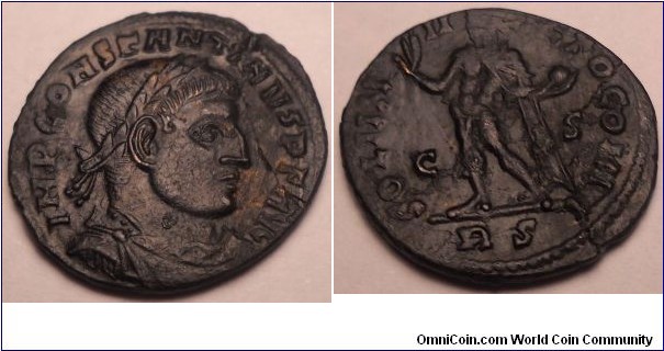 Constantine I
IMP CONSTANTINVS PF AVG - Right facing, laureate, draped, cuirassed, from front.
SOLI IN-V-ICTO COMITI - Sol standing left, facing left, chlamys across left shoulder, holding globus in left hand.
C S / RS Rome - Workshop 2, minted 315-316, Rarity C3.
RIC VII Rome 40