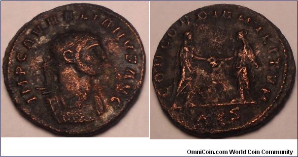 Aurelian, Ã† Antoninianus
 270-275 A.D.

Obv: IMP AVRELIANVS AVG. Radiate, cuirassed bust right.
Rx: CONCORDIA MILITVM. Aurelian standing right, clasping hands with Concordia, standing left.
RIC V, i 216, C 61, Cf. SR (â€™88) 3258, VM 7.