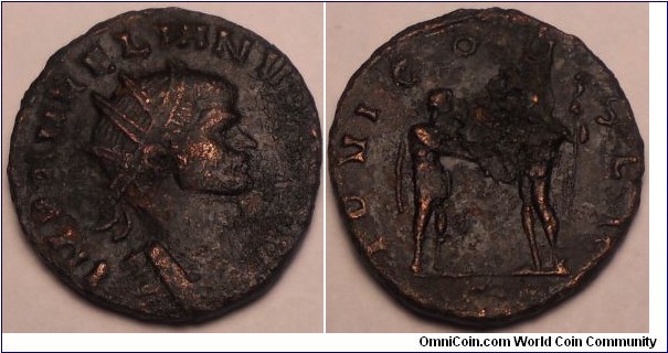 Aurelianus RIC 48, S: Aurelian AE Antoninianus. Rome, 272-274 AD. IMP AVRELIANVS AVG, radiate cuirassed bust right / IOVI CONSER, Jupiter on right & facing left, presents globe to Aurelian opposite, S in ex.