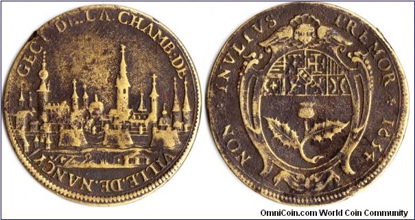 City view copper jeton issued for the town administrators of Nancy, Lorraine, in 1634 during the reign of Louis XIII.