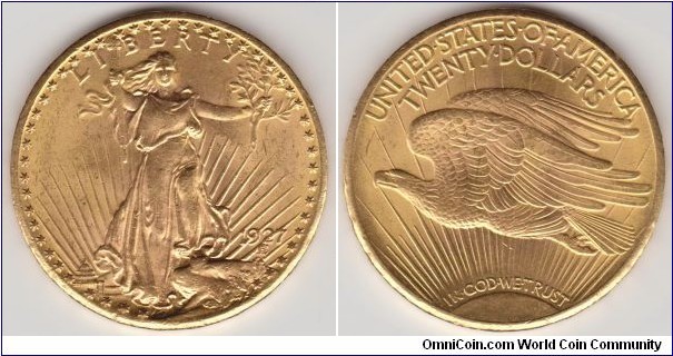SOLD/The Saint-Gaudens double eagle 1927 $20 gold coin, or double eagle, produced by the United States Mint from 1907 to 1933. The coin is named after its designer, the sculptor Augustus Saint-Gaudens, who designed the obverse and reverse. It is considered by many to be the most beautiful of U.S. coins.

In 1904, President Roosevelt sought to beautify American coinage, and proposed Saint-Gaudens as an artist capable of the task. Although the sculptor had poor experiences with the Mint and its chief engraver, Charles E. Barber, Saint-Gaudens accepted Roosevelt's call. The work was subject to considerable delays, due to Saint-Gaudens's declining health and difficulties because of the high relief of his design. Saint-Gaudens died in 1907, after designing the eagle and double eagle, but before the designs were finalized for production.

After several versions of the design for the double eagle proved too difficult to strike, Barber modified Saint-Gaudens's design, lowering the relief so the coin could be struck with only one blow. When the coins were finally released, they proved controversial as they lacked the words 