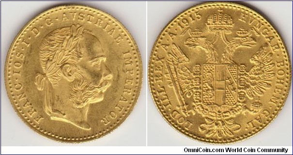 1915 Austrian One Ducat Gold Bullion Restrike Coin
Obverse
The laureate head, facing right, of Emperor Franz Joseph I
FRANC IOS I D G AUSTRIAE IMPERATOR

Reverse
The arms of Austria superimposed upon a crowned double-headed Imperial eagle.
HUNGAR BOHEM GAL LOD ILL REX A A 1915

High Carat Gold
Ducats were produced in high purity gold, 233/4 carats, making them among the highest purity gold coins ever issued for circulation.

Thickness
Because they have inherited their design and appearance from medieval gold coins, they are very thin compared with modern coins, at just 0.8 mm thick. 

Diameter:20mm	
Weight:3.4909g.
Feiness:.986