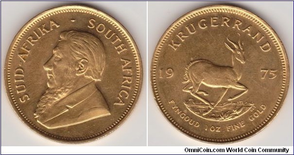 SOLD/1975 Krugerrand 1 oz. Solid Gold Coin
During the 1970s, there was no more popular coin than the South African Krugerrand. The Krugerrand, which was minted starting in 1967, was the only major gold bullion coin to be produced at this time, and by 1980 it accounted for nearly 90% of all gold coins on the market.
For many years the Krugerrand was an illegal import into several nations. While South Africa was under the regime of official racial discrimination against black-skinned natives (called apartheid), a great number of governments imposed economic sanctions against South Africa, thereby limiting the availability of the Krugerrand outside the nation.
The popularity of the Krugerrand has not diminished in recent years as the price of gold has multiplied significantly. In the current market, a 1975 Krugerrand 1 ounce gold coin sells for upwards of $1600. Krugerrands are ubiquitous in the world of gold coins and their values show no signs of diminishing any time soon.