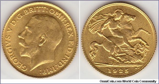 The half sovereign is a British gold coin with a face value half that of a sovereign: equivalent to half a pound sterling, ten shillings, or 120 old pence. Since the end of the gold standard until 2000, with the exception of 1982, it has been issued only in limited quantities as a commemorative coin with a sale price and resale value far in excess of its face value.

Legal Weight : 3,99 g.
Weight: 3,93
Diameter : 19.30 mm
Thickness : 0.99 mm
Country of origin : GREAT BRITAIN
Precious metal : GOLD
Alloy metal : COPPER
Title : 916.667 ‰
Engraver : Bertram MACKENNAL (1863-1931)
St.Georgius Design by Benedetto PISTRUCCI (1783-1855)
Mint : Royal Mint