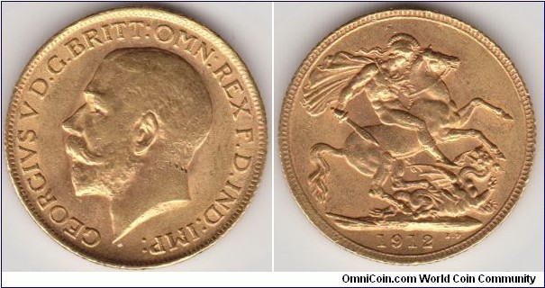 1912 KING GEORGE V FULL GOLD SOVEREIGN
Large Head Type Design.

Weight:7.98g. 
Contains 0.2354 of 1 Troy Oz Gold