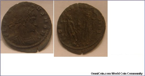 Constantine the Great, early 307 - 337 A.D.

 Copper AE3, RIC VII 137, gVF, Constantinople mint, 0°, 336-337 A.D.; obverse CONSTANTINVS MAX AVG, diademed draped bust right; reverse GLORIA EXERCITVS, two soldiers holding spears, standard between them