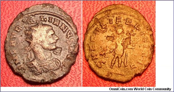 Aurelian
270-275 AD
AE Antoninianus

Obv: IMP AVRELIANVS AVG ; Radiate, cuirassed bust right.
Rev: SAECVLI FELICITAS ; Emperor standing left, holding globe and spear. No mint mark.

RIC V part 1 #352

