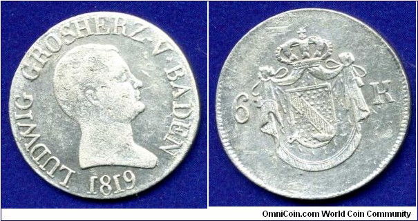 6 kreuzer.
Grand Duchy of Baden.
Ludwig (1818-1830).
Mintage 390.000 units.


Ag375f. 2,27gr.