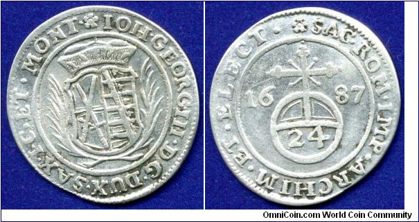 1/24 Thaler (Groschen).
Sachsen Kurfürstentum (Saxony).
Iohann Georg III (1680-1691).


Ag (Bilon).