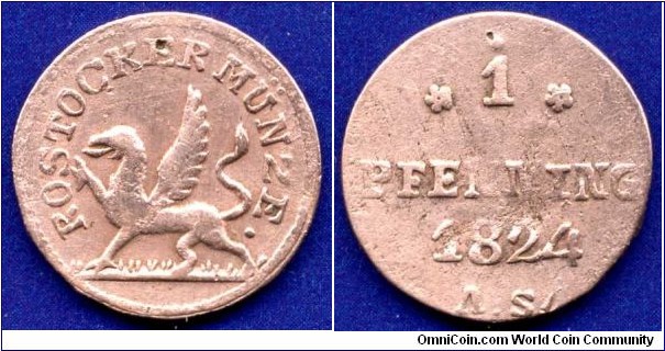 1 pfennig.
City of Rostock.
*AS* - mintmaster Adam Schiller, work in 1815-24.


Cu.