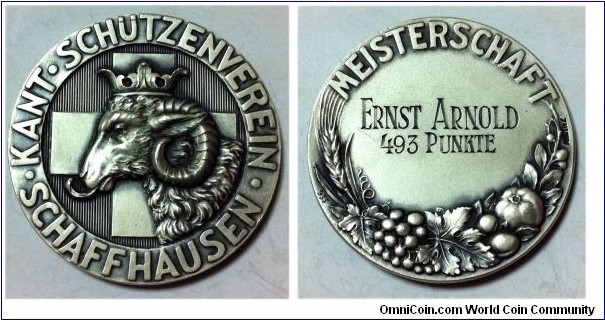 1900 o.j. Swiss Schaffthausen Kant Schutzenverein Meisterschaft Medal. Silver 40MM
