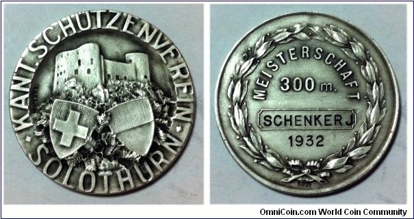 Swiss Solothurn Kant Schutzenverein Medal by Gebruder Heuri. Silver 40MM
