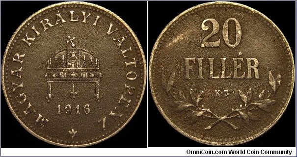 Hungary - 20 Filler - 1916 - Weight 3,3 gr - Iron - Size 20,8 mm - Alignment Medal (0°) - Edge : Milled - Mintage 18 826 000 (Inc. 1914-17-18) - Reference KM# 498 (1914-22)
