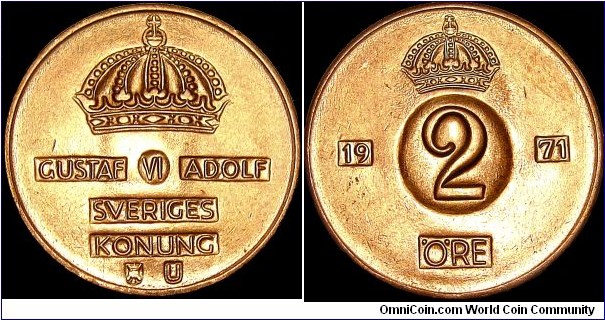 Sweden - 2 Öre - 1971 - Weight 4,0 gr - Bronze - Size 21 mm - Thickness 1,5 mm - Alignment Medal 0°) - Ruler / Gustaf VI Adolf (1950-73) - Minted in Eskilstuna Sweden - Edge : Plain - Mintage 19 179 000 - Reference KM# 821 (1952-71)