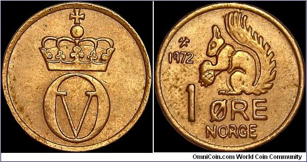 Norway - 1 Öre - 1972 - Weight 2,0 gr - Bronze - Size 11 mm - Alignment Medal (0°) - Ruler / Olav V (1957-91) - Edge : Plain - Mintage 21 102 984 - Reference KM# 403 (1958-72)