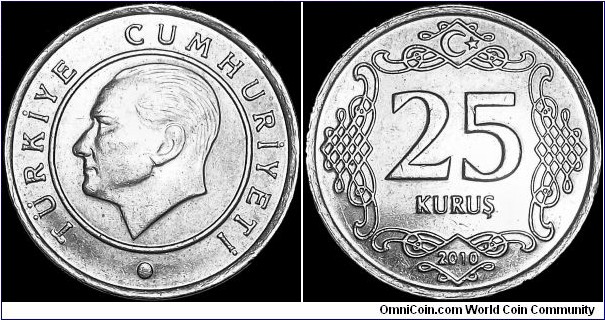 Turkey - 25 Kurus - 2010 - Weight 4,0 gr - Copper/Nickel - Size 20,5 mm - Thickness 1,65 mm - Alignment Coin (180°) - Minted in Istanbul Turkey - Edge : Milled - Reference KM# 1242 (2009-)