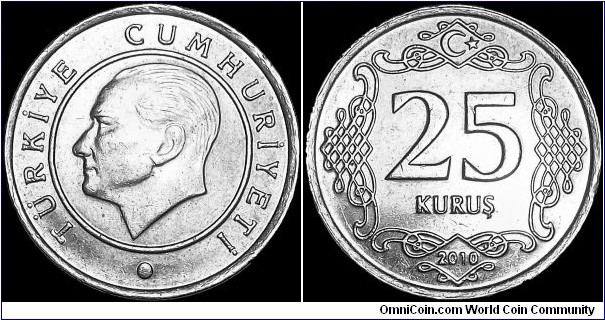 Turkey - 25 Kurus - 2010 - Weight 4,0 gr - Copper/Nickel - Size 20,5 mm - Thickness 1,65 mm - Alignment Coin (180°) - Minted in Istanbul Turkey - Edge : Milled - Reference KM# 1242 (2009-)